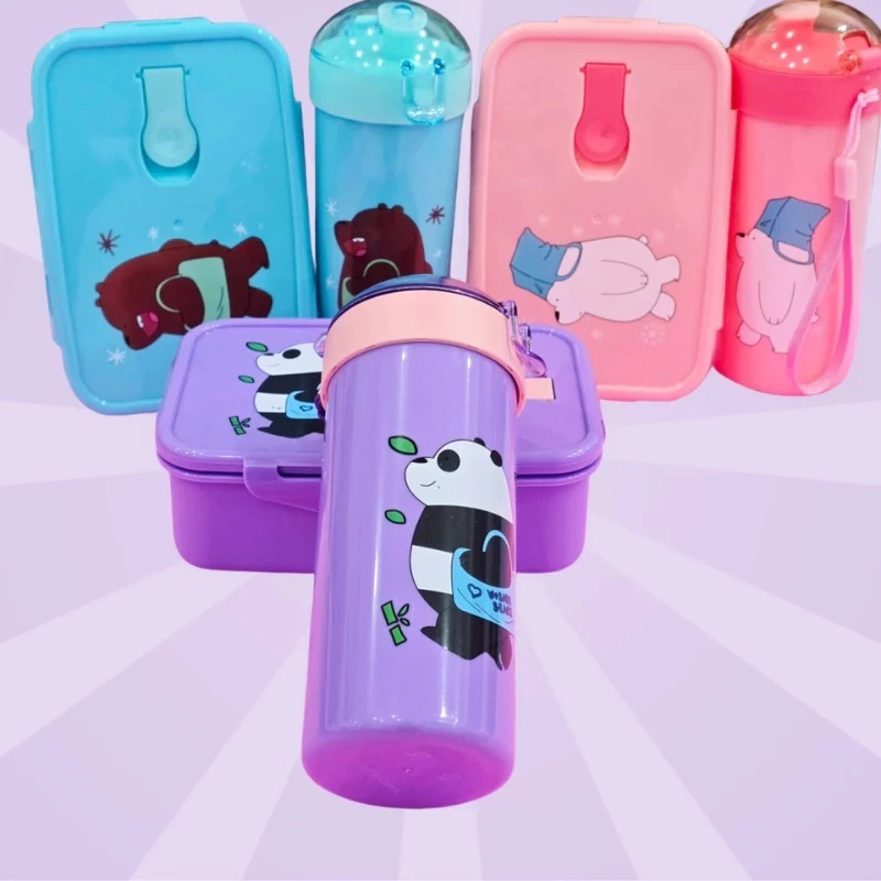 Kit Lancheira We Bare Bears Marmita de Alta Vedação e Garrafa de Bico com Tampa de Proteção